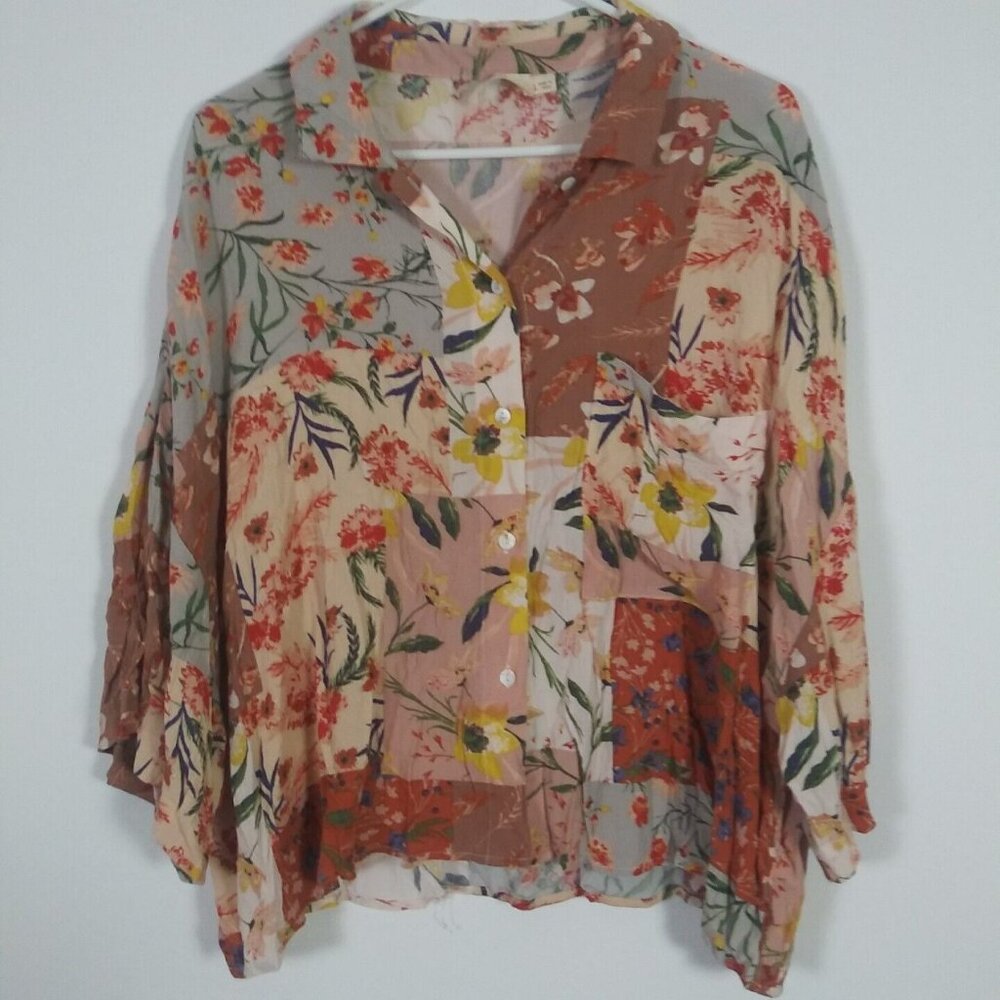 Millibon U.S.A. Womens Colorblock Floral Button Front Kimono Top Shirt Sz Large